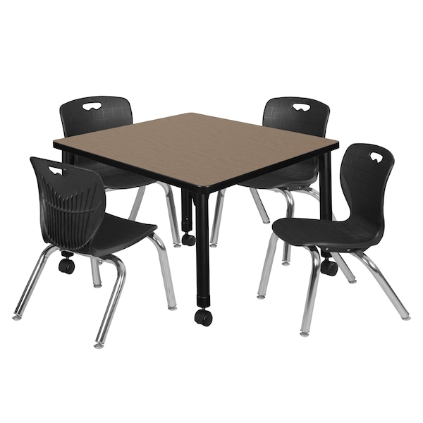 Regency Square Kee Mobile Adjustable Classroom Table W/ 4 Andy Chairs, 30 in W, 30 in L, Noble Oak - TB3030NOAPCBK45BK