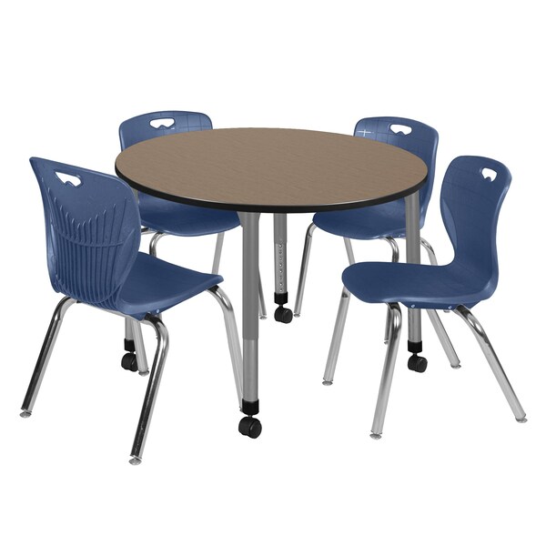 Regency Round Kee Mobile Adjustable Classroom Table W/ 4 Andy Chairs, 48 in W, 48 in L, Noble Oak - TB48RNDNOAPCGY40NV