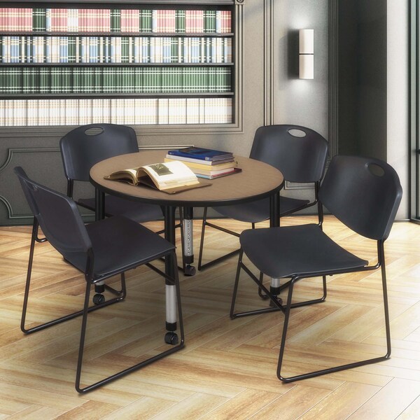 Regency Round Kee Mobile Adjustable Classroom Table W/ 4 Zeng Stack Chairs, 42 in W, 42 in L, Noble Oak - TB42RNDNOAPCBK44BK