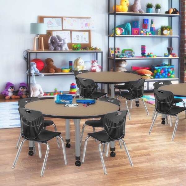 Regency Round Kee Mobile Adjustable Classroom Table W/ 4 Andy Chairs, 48 in W, 48 in L, Noble Oak - TB48RNDNOAPCGY45BK