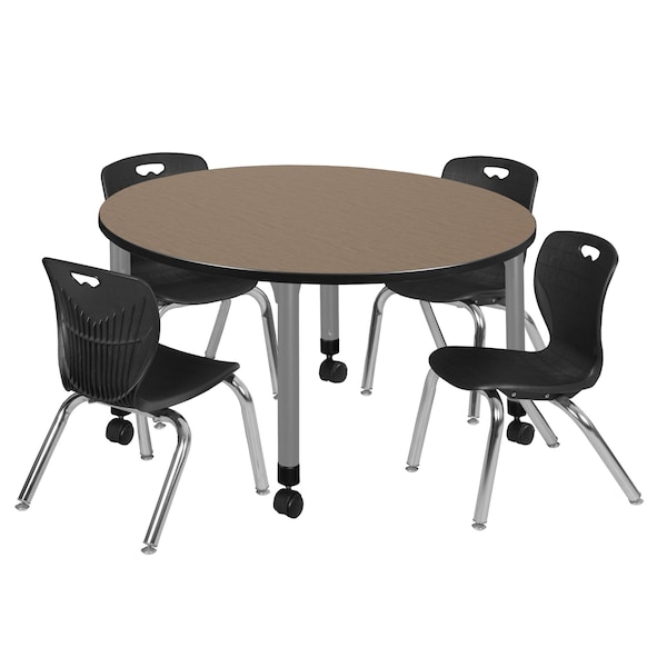 Regency Round Kee Mobile Adjustable Classroom Table W/ 4 Andy Chairs, 48 in W, 48 in L, Noble Oak - TB48RNDNOAPCGY45BK