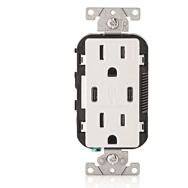 Esta sería la traducción:

Salida dúplex resistente a interferencias de 15 amperes y 125 voltios / 30 W 6 amperes USB doble Tipo-C con entrega de energía en color blanco - T5635-W