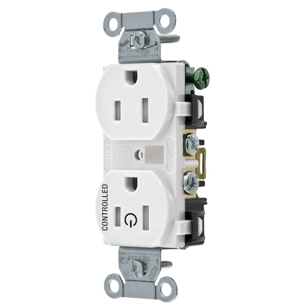 Dispositivos de lámina recta de Hubbell Wiring Device-Kellems, receptáculos, duplex, 1/2 de carga controlada, 15A, 125V, 2 polos, 3 cables a tierra, cableado trasero y lateral, color blanco - BR15C1WHITR