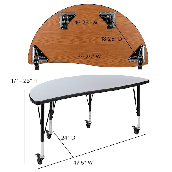 Flash Furniture Half Round 24 W, 47.5 L, 25 H, Chrome, Laminate, Particleboard, Steel, Grey - XU-A48-HCIRC-GY-T-P-CAS-GG
