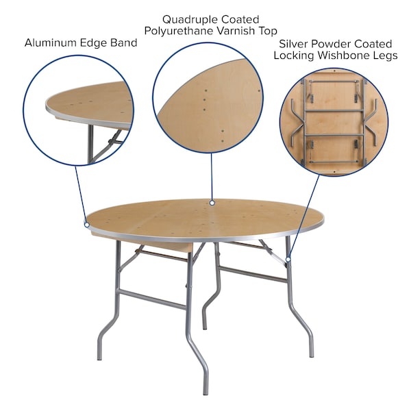 Flash Furniture Round Folding Table, 48" W, 48" L, 30" H, Wood Top, Wood Grain - XA-48-BIRCH-M-GG