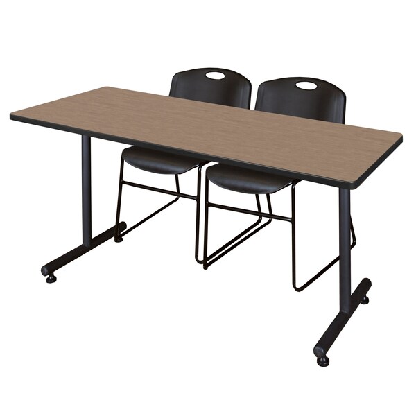 Regency Kobe T-Base Training Seminar Table W/ 2 Zeng Stack Chairs, 60 in W, 30 in L, Noble Oak - MKTRCT6030NO44BK