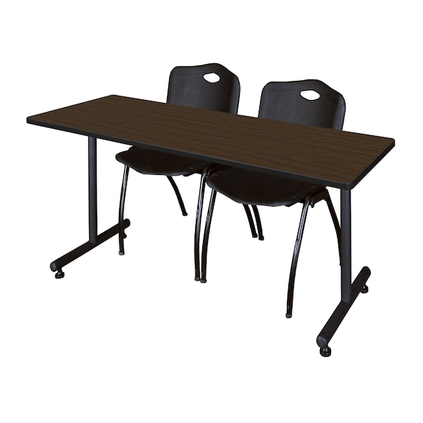 Regency Kobe T-Base Training Seminar Table W/ 2 M Stack Chairs, 72 in W, 24 in L, Neo Walnut - MKTRCT7224NW47BK