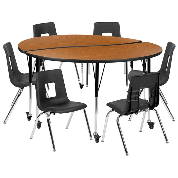 Flash Furniture Mobile 60" Circle Wave Oak Table Set-16" Chairs - XU-GRP-16CH-A60-HCIRC-OAK-T-A-CAS-GG