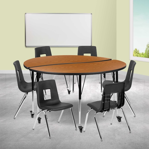 Flash Furniture Mobile 60" Circle Wave Oak Table Set-16" Chairs - XU-GRP-16CH-A60-HCIRC-OAK-T-A-CAS-GG