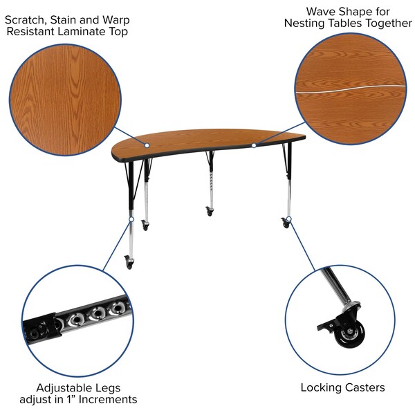 Flash Furniture Mobile 60" Circle Wave Oak Table Set-16" Chairs - XU-GRP-16CH-A60-HCIRC-OAK-T-A-CAS-GG