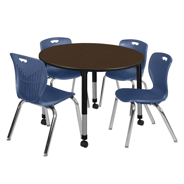 Regency Round Kee Mobile Adjustable Classroom Table W/ 4 Andy Chairs, 48 in W, 48 in L, Neo Walnut - TB48RNDNWAPCBK40NV