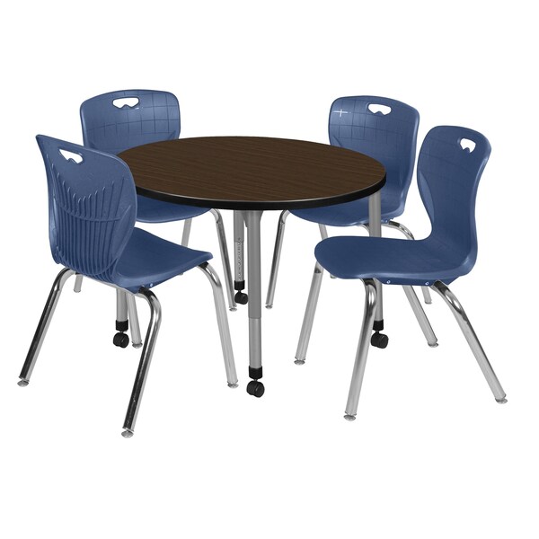 Regency Round Kee Mobile Adjustable Classroom Table W/ 4 Andy Chairs, 42 in W, 42 in L, Neo Walnut - TB42RNDNWAPCGY40NV