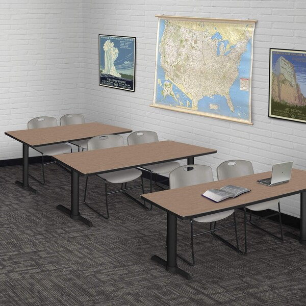 Regency Cain T-Base Training Seminar Table W/ 2 Zeng Stack Chairs, 66 in W, 24 in L, Noble Oak - MTRCT6624NO44BK
