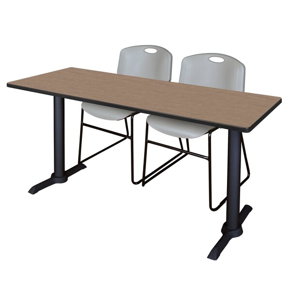Regency Cain T-Base Training Seminar Table W/ 2 Zeng Stack Chairs, 66 in W, 24 in L, Noble Oak - MTRCT6624NO44BK