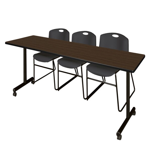 Regency Kobe Mobile T-Base Training Table W/ 2 Zeng Stack Chairs, 84 in W, 24 in L, Neo Walnut - MKTRCC8424NW44BK