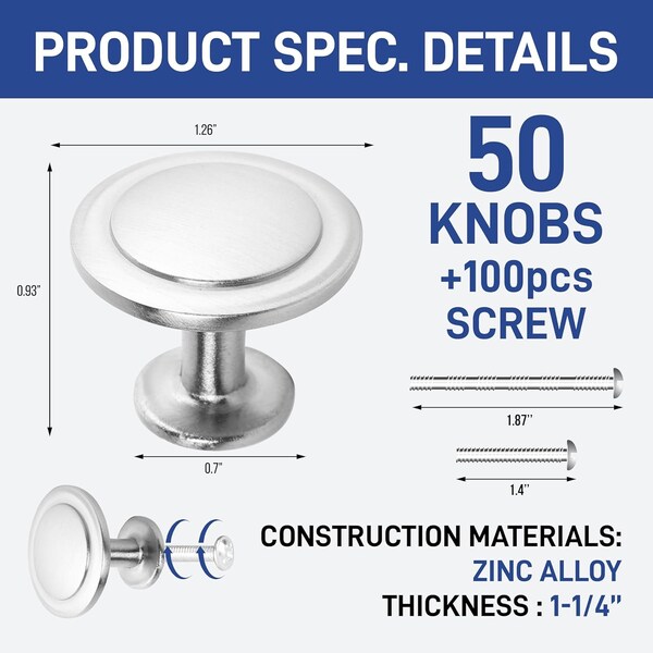 Lifemaster 1-1/4in Cabinet Knobs, Brushed Nickel, Modern Zinc Alloy, Adjustable Screws, 50PK - LMKNBNICK50