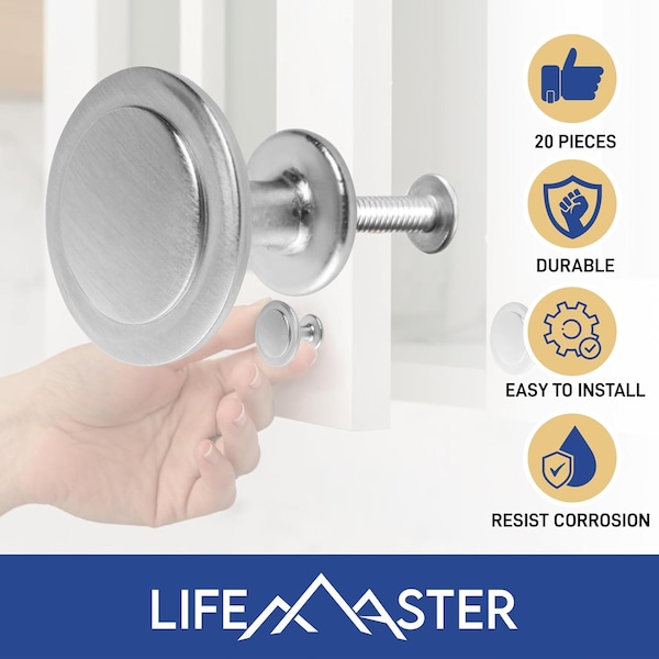 Lifemaster 1-1/4in Cabinet Knobs, Brushed Nickel, Modern Zinc Alloy, Adjustable Screws, 50PK - LMKNBNICK50