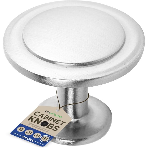 Lifemaster 1-1/4in Cabinet Knobs, Brushed Nickel, Modern Zinc Alloy, Adjustable Screws, 50PK - LMKNBNICK50
