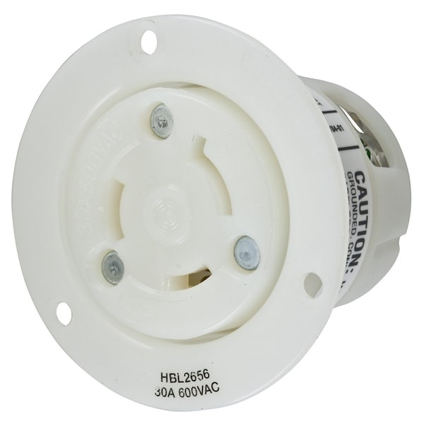 Dispositivos de bloqueo, Twist-Lock®, Industrial, receptáculo de brida, 30A 600V AC, 2 polos 3 cables a tierra, L9-30R, terminal de tornillo, Blanco - HBL2656