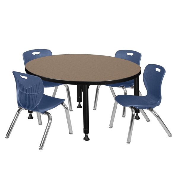 Regency Round Kee Adjustable Classroom Table W/ 4 Andy Stack Chairs, 42 in W, 42 in L, Noble Oak - TB42RNDNOAPBK45NV