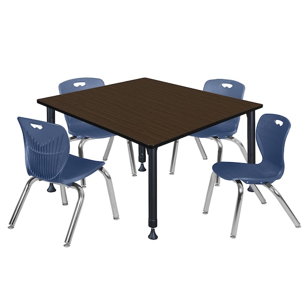 Regency Square Kee Adjustable Classroom Table W/ 4 Andy Stack Chairs, 48 in W, 48 in L, Neo Walnut - TB4848NWAPBK45NV