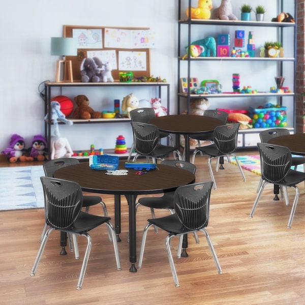 Regency Round Kee Adjustable Classroom Table W/ 4 Andy Stack Chairs, 42 in W, 42 in L, Neo Walnut - TB42RNDNWAPBK45BK