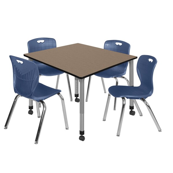 Regency Square Kee Mobile Adjustable Classroom Table W/ 4 Andy Chairs, 48 in W, 48 in L, Noble Oak - TB4848NOAPCGY40NV