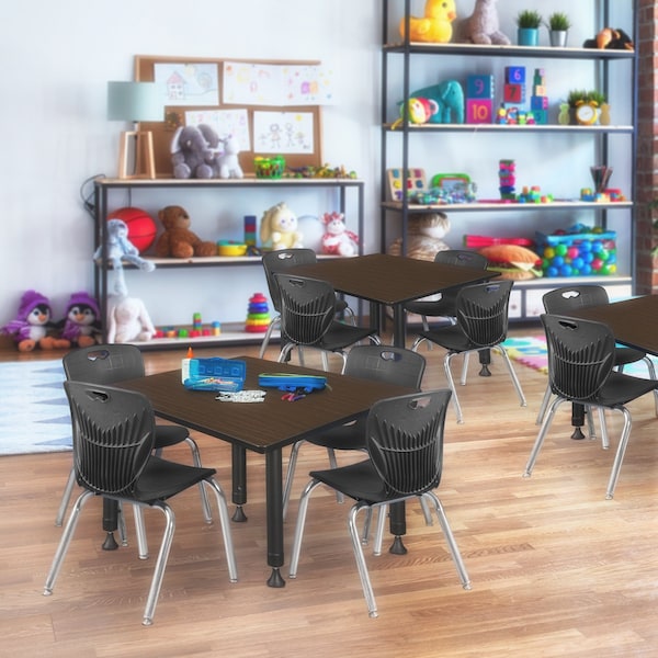 Regency Square Kee Adjustable Classroom Table W/ 4 Andy Stack Chairs, 48 in W, 48 in L, Neo Walnut - TB4848NWAPBK45BK