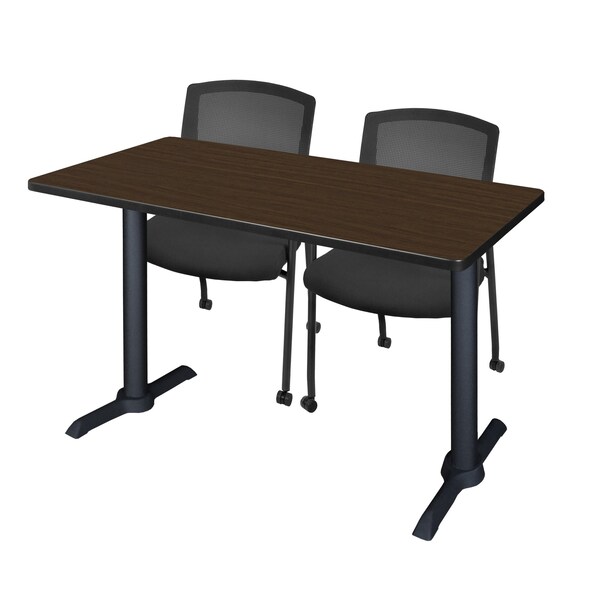 Regency Kobe T-Base Training Seminar Table W/ 2 Knight Mesh Chairs, 48 in W, 24 in L, Neo Walnut - MTRCT4824NW56CBK
