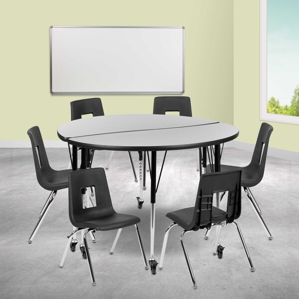 Flash Furniture Mobile 47.5" Circle Wave Grey Table Set-16" Chairs - XU-GRP-16CH-A48-HCIRC-GY-T-A-CAS-GG