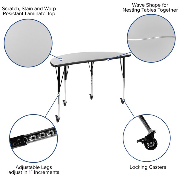 Flash Furniture Mobile 47.5" Circle Wave Grey Table Set-16" Chairs - XU-GRP-16CH-A48-HCIRC-GY-T-A-CAS-GG