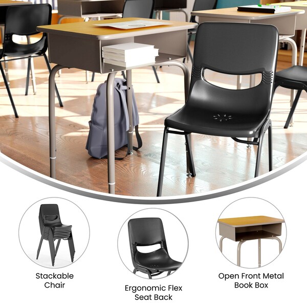 Flash Furniture HERCULES Student Desk w/Open Front Metal Book Box, Maple Desktop, Silver Frame and Blk Stack Chair - FD-DESK-GMP-SCH3BB-GG