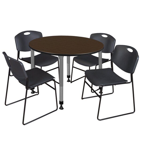 Regency Round Kee Adjustable Classroom Table W/ 4 Zeng Stack Chairs, 48 in W, 48 in L, Neo Walnut - TB48RNDNWAPGY44BK