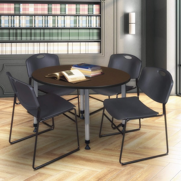 Regency Round Kee Adjustable Classroom Table W/ 4 Zeng Stack Chairs, 48 in W, 48 in L, Neo Walnut - TB48RNDNWAPGY44BK
