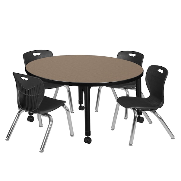 Regency Round Kee Mobile Adjustable Classroom Table W/ 4 Andy Chairs, 42 in W, 42 in L, Noble Oak - TB42RNDNOAPCBK45BK