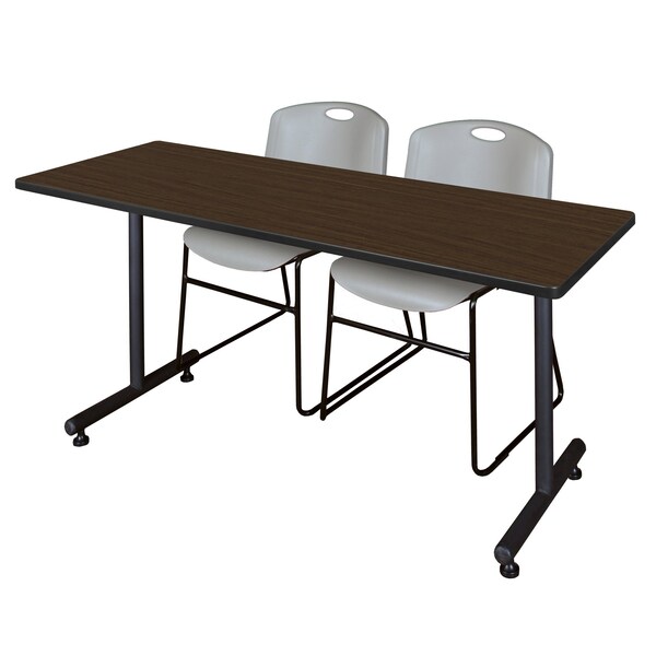 Regency Kobe T-Base Training Seminar Table W/ 2 Zeng Stack Chairs, 60 in W, 30 in L, Neo Walnut - MKTRCT6030NW44GY