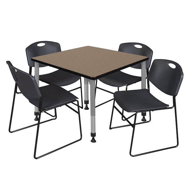 Regency Square Kee Adjustable Classroom Table W/ 4 Zeng Stack Chairs, 42 in W, 30 in L, Noble Oak - TB4242NOAPGY44BK