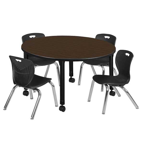 Regency Round Kee Mobile Adjustable Classroom Table W/ 4 Andy Chairs, 48 in W, 48 in L, Neo Walnut - TB48RNDNWAPCBK45BK