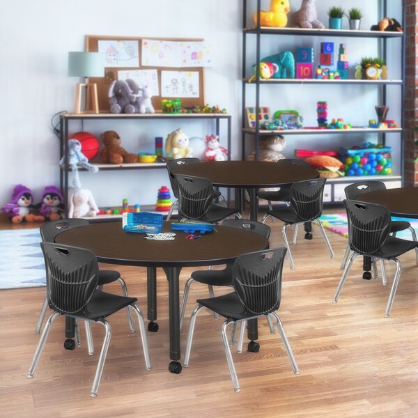 Regency Round Kee Mobile Adjustable Classroom Table W/ 4 Andy Chairs, 48 in W, 48 in L, Neo Walnut - TB48RNDNWAPCBK45BK