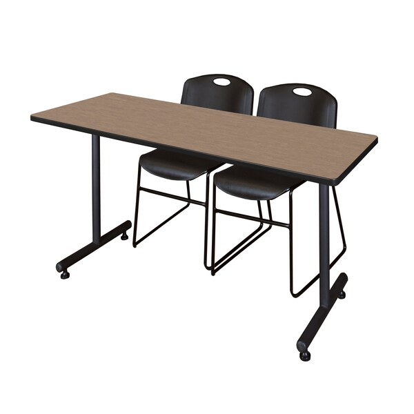 Regency Kobe T-Base Training Seminar Table W/ 2 Zeng Stack Chairs, 66 in W, 24 in L, Noble Oak - MKTRCT6624NO44BK