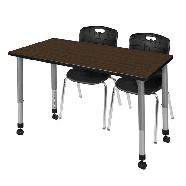 Regency Kee Mobile Adjustable Classroom Table W/ 2 Andy Stack Chairs, 48 in W, 30 in L, Neo Walnut - MT4830NWAPCGY40BK