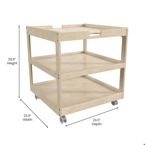 Flash Furniture Bright Beginnings Commercial 3 Shelf Square Space Saving Wooden Mobile Classroom Storage Cart, Locking Caster Wheels, Kid Friendly Design, Natural - MK-ME14795-GG