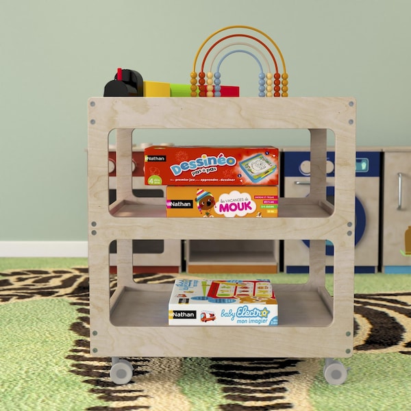 Flash Furniture Bright Beginnings Commercial 3 Shelf Square Space Saving Wooden Mobile Classroom Storage Cart, Locking Caster Wheels, Kid Friendly Design, Natural - MK-ME14795-GG