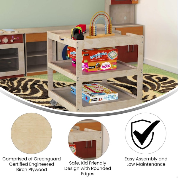 Flash Furniture Bright Beginnings Commercial 3 Shelf Square Space Saving Wooden Mobile Classroom Storage Cart, Locking Caster Wheels, Kid Friendly Design, Natural - MK-ME14795-GG