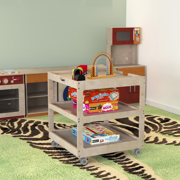 Flash Furniture Bright Beginnings Commercial 3 Shelf Square Space Saving Wooden Mobile Classroom Storage Cart, Locking Caster Wheels, Kid Friendly Design, Natural - MK-ME14795-GG