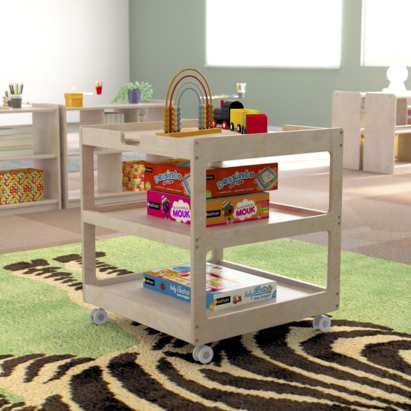 Flash Furniture Bright Beginnings Commercial 3 Shelf Square Space Saving Wooden Mobile Classroom Storage Cart, Locking Caster Wheels, Kid Friendly Design, Natural - MK-ME14795-GG
