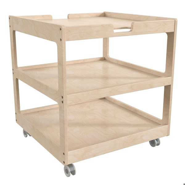 Flash Furniture Bright Beginnings Commercial 3 Shelf Square Space Saving Wooden Mobile Classroom Storage Cart, Locking Caster Wheels, Kid Friendly Design, Natural - MK-ME14795-GG
