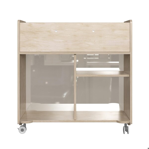 Flash Furniture Bright Beginnings Commercial Double Sided Space Saving Wooden Mobile Storage Cart with Clear Back, Locking Casters and 6 Storage Compartments, Natural - MK-KE24268-GG