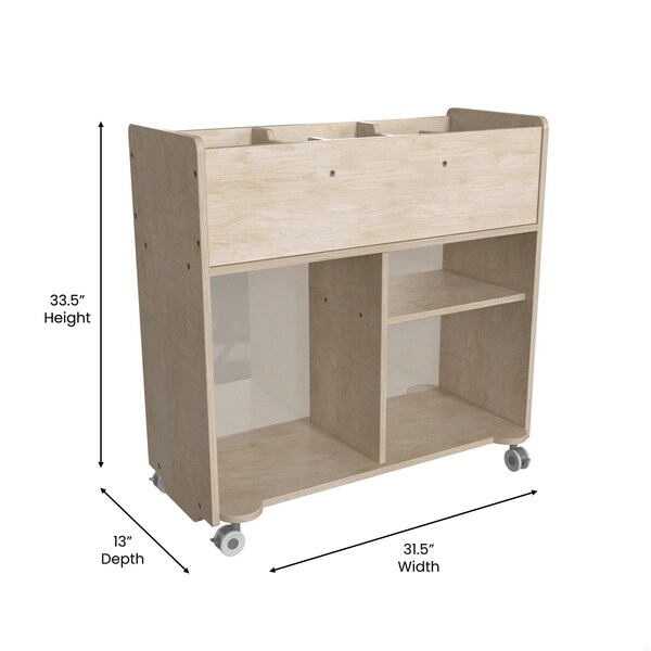Flash Furniture Bright Beginnings Commercial Double Sided Space Saving Wooden Mobile Storage Cart with Clear Back, Locking Casters and 6 Storage Compartments, Natural - MK-KE24268-GG