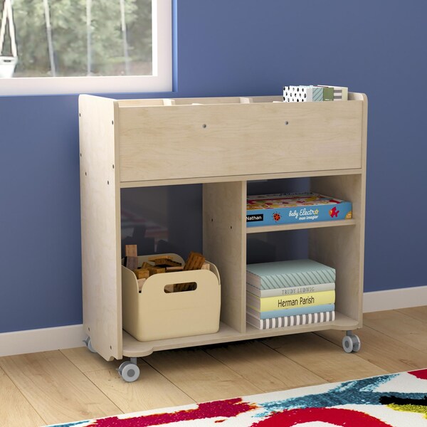 Flash Furniture Bright Beginnings Commercial Double Sided Space Saving Wooden Mobile Storage Cart with Clear Back, Locking Casters and 6 Storage Compartments, Natural - MK-KE24268-GG